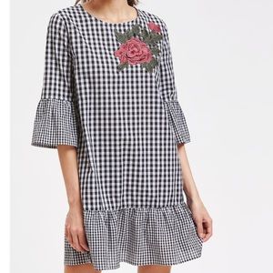 Rose appliqué checkered dress